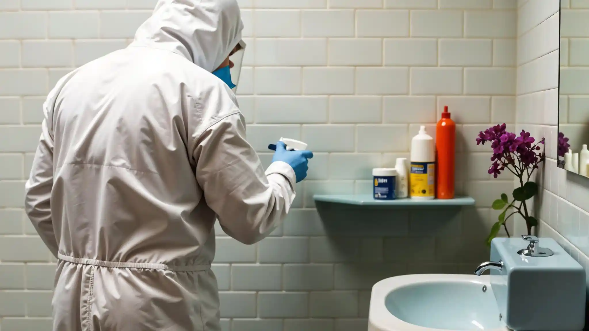 Professional technician treating bathroom for foul odor diagnosis service in Palm Desert